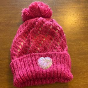 Pink Chuns Knit Beanie with Pompom and Sequin Heart